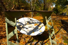 The metal sculpture called Free Bridge stands amid autumn leaves on the Karl Stirner Arts Trail in Easton, Pennsylvania.