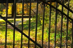 A view of the Karl Stirner Arts Trail through a gate between it and Easton Cemetery in Easton, Pennsylvania