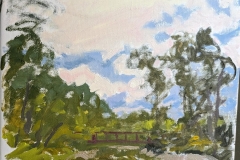 A plein air painting of Bushkill Creek and trees by John McNally