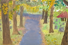 A plein air painting of trees on both sides of a path by Greeshma Raghuvaran