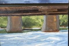 A plein air painting of a bridge and water by Jared Clackner