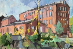 A plein air painting by Jeff Vaccarella of the Silk complex  by  the Karl Stirner Arts Trail in Easton, Pennsylvania