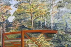 A plein air painting by Kathryn Gabig of a pedestrian bridge and trees next to the Karl Stirner Arts Trail in Easton, Pennsylvania