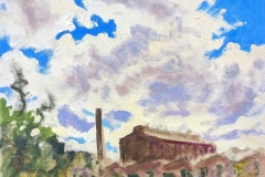 A plein air painting by John McNally of the Silk complex  by  the Karl Stirner Arts Trail in Easton, Pennsylvania