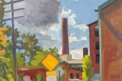 A plein air painting by Will Rothfuss of the Silk complex  by  the Karl Stirner Arts Trail in Easton, Pennsylvania